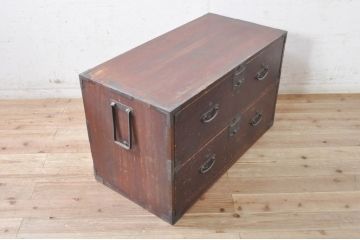 和製アンティーク　作りの良い金具の総桐材二本松箪笥ローボード(ローチェスト、引き出し、衣装箪笥、整理タンス、時代箪笥、収納たんす、テレビ台、テレビボード)(R-073626)