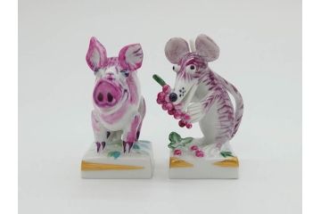 ドイツ　マイセン　Meissen　子　亥　細部までこだわりを感じるキュートなミニ干支人形2体セット(鼠、ねずみ、ネズミ、猪、いのしし、イノシシ、置物、フィギュリン)(R-073659)