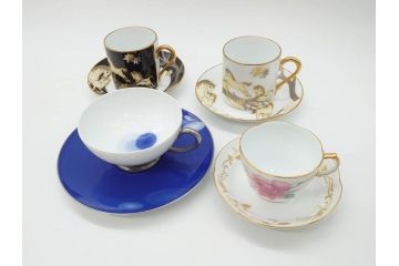 大倉陶園(OKURA、OAC)　碗皿暦　雨(水無月)　ハンドペイント・ピンクローズ　馬　Limited Edition　華やかな色彩と様々なデザインが楽しめるカップ&ソーサー4客セット(金彩、HAND PAINTED、薔薇、バラ、ばら、デミタス、うま、ウマ、ホース、C&S、洋食器)(R-073661)