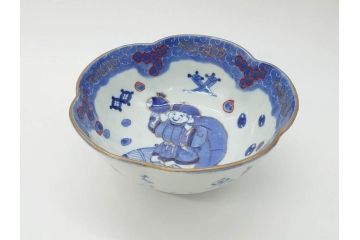 江戸期　太明年製　伊万里　染付　福の神　大黒天　豆まき　鬼は外　約18cm　5.7寸　縁起の良い絵柄が目を惹く深鉢(大明年製、深皿、和皿、和食器、五寸七分)(R-073662)
