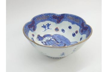 江戸期　太明年製　伊万里　染付　福の神　大黒天　豆まき　鬼は外　約18cm　5.7寸　縁起の良い絵柄が目を惹く深鉢(大明年製、深皿、和皿、和食器、五寸七分)(R-073662)