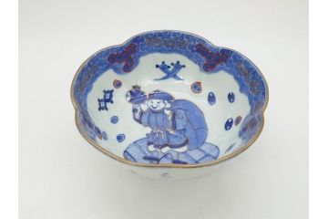 江戸期　太明年製　伊万里　染付　福の神　大黒天　豆まき　鬼は外　約18cm　5.7寸　縁起の良い絵柄が目を惹く深鉢(大明年製、深皿、和皿、和食器、五寸七分)(R-073662)