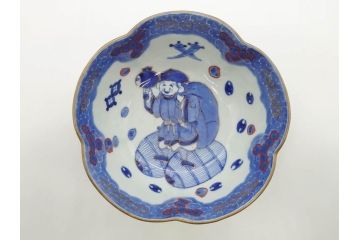 江戸期　太明年製　伊万里　染付　福の神　大黒天　豆まき　鬼は外　約18cm　5.7寸　縁起の良い絵柄が目を惹く深鉢(大明年製、深皿、和皿、和食器、五寸七分)(R-073662)