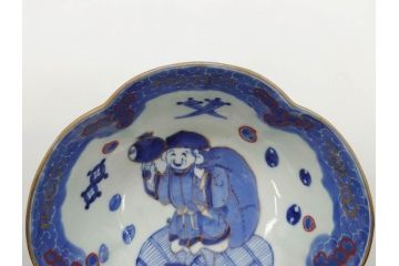 江戸期　太明年製　伊万里　染付　福の神　大黒天　豆まき　鬼は外　約18cm　5.7寸　縁起の良い絵柄が目を惹く深鉢(大明年製、深皿、和皿、和食器、五寸七分)(R-073662)