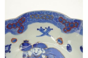 江戸期　太明年製　伊万里　染付　福の神　大黒天　豆まき　鬼は外　約18cm　5.7寸　縁起の良い絵柄が目を惹く深鉢(大明年製、深皿、和皿、和食器、五寸七分)(R-073662)
