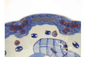 江戸期　太明年製　伊万里　染付　福の神　大黒天　豆まき　鬼は外　約18cm　5.7寸　縁起の良い絵柄が目を惹く深鉢(大明年製、深皿、和皿、和食器、五寸七分)(R-073662)
