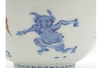 江戸期　太明年製　伊万里　染付　福の神　大黒天　豆まき　鬼は外　約18cm　5.7寸　縁起の良い絵柄が目を惹く深鉢(大明年製、深皿、和皿、和食器、五寸七分)(R-073662)