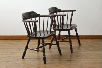 中古　美品　松本民芸家具　#91型　落ち着きのある大人カフェ風インテリアが叶うキャプテンチェア2脚セット(アームチェア、板座チェア、ダイニングチェア、椅子、イス)(定価2脚で約26万円)(R-073728)