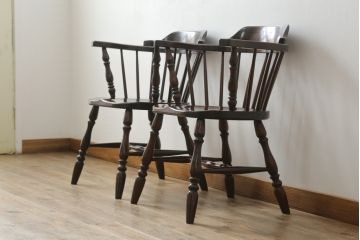 中古　美品　松本民芸家具　#91型　落ち着きのある大人カフェ風インテリアが叶うキャプテンチェア2脚セット(アームチェア、板座チェア、ダイニングチェア、椅子、イス)(定価2脚で約26万円)(R-073728)