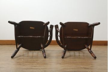 中古　美品　松本民芸家具　#91型　落ち着きのある大人カフェ風インテリアが叶うキャプテンチェア2脚セット(アームチェア、板座チェア、ダイニングチェア、椅子、イス)(定価2脚で約26万円)(R-073728)