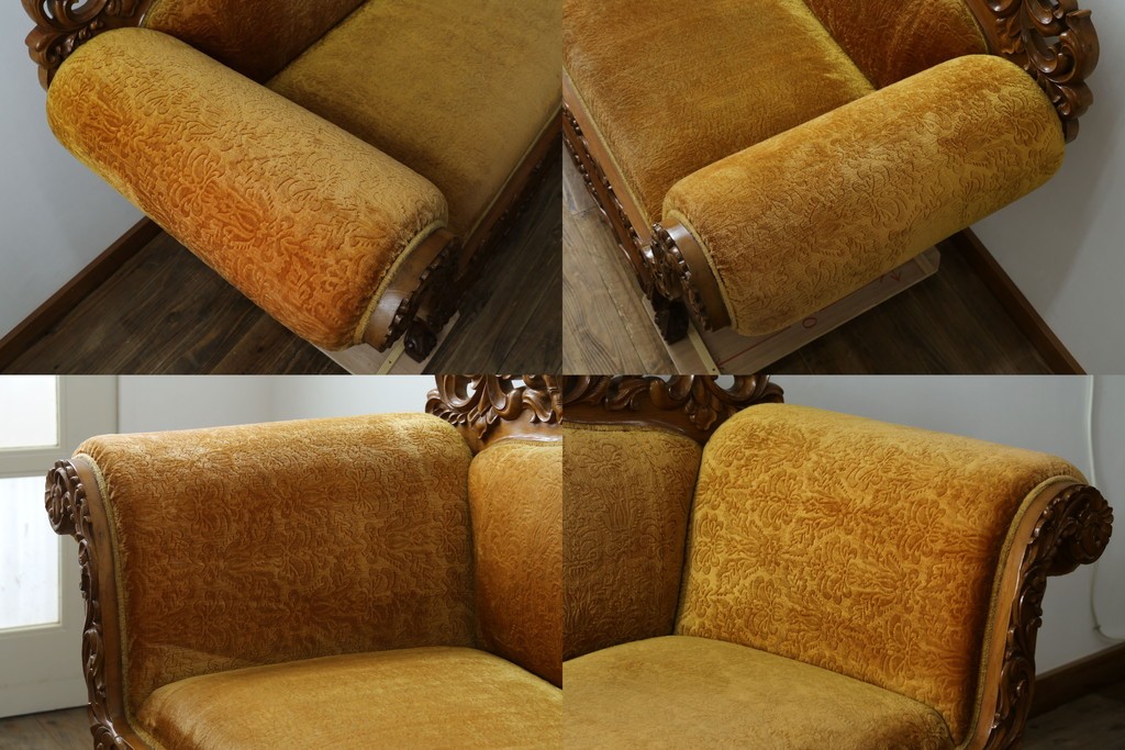 アジアンヴィンテージ　オリエンタルデザイン　迫力のある彫刻と華やかな色のファブリックが目を惹く2.5人掛けソファ　(R-073749)