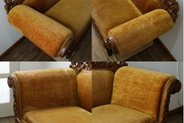 アジアンヴィンテージ　オリエンタルデザイン　迫力のある彫刻と華やかな色のファブリックが目を惹く2.5人掛けソファ　(R-073749)