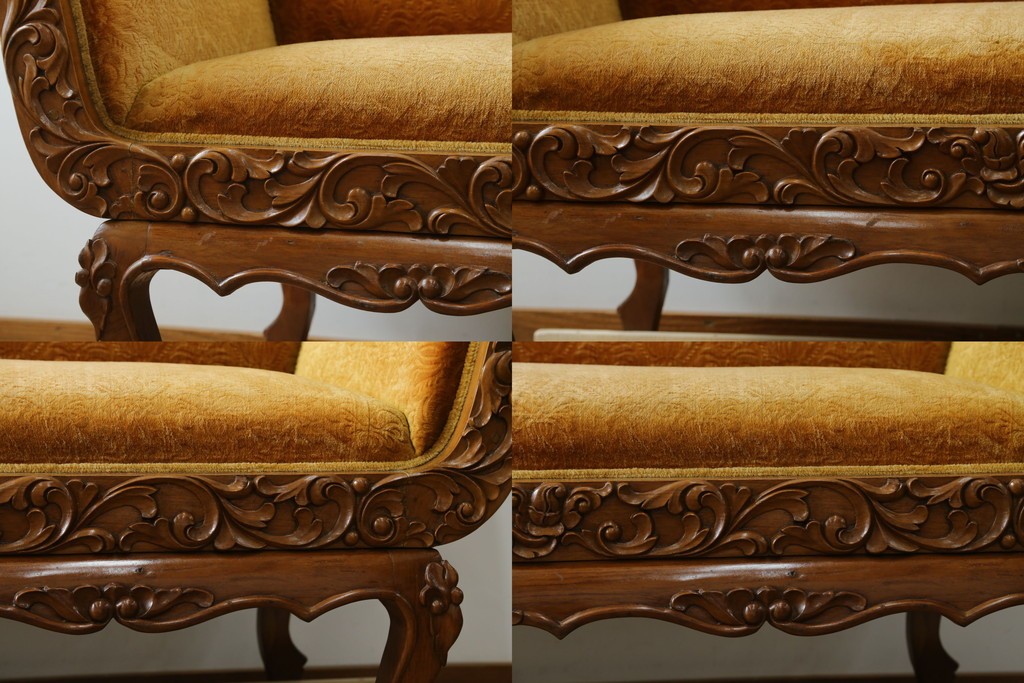 アジアンヴィンテージ　オリエンタルデザイン　迫力のある彫刻と華やかな色のファブリックが目を惹く2.5人掛けソファ　(R-073749)