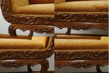 アジアンヴィンテージ　オリエンタルデザイン　迫力のある彫刻と華やかな色のファブリックが目を惹く2.5人掛けソファ　(R-073749)