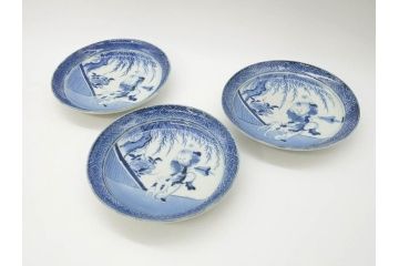希少　江戸期　古伊万里　染付　唐子に犬図　約17cm　5.6寸　珍しい絵付けが印象的な中皿3枚セット(和皿、和食器、五寸六分)(R-073755)