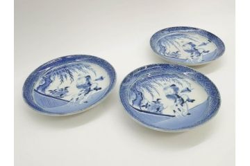 希少　江戸期　古伊万里　染付　唐子に犬図　約17cm　5.6寸　珍しい絵付けが印象的な中皿3枚セット(和皿、和食器、五寸六分)(R-073755)