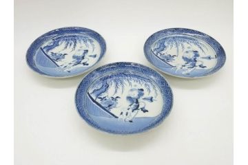 希少　江戸期　古伊万里　染付　唐子に犬図　約17cm　5.6寸　珍しい絵付けが印象的な中皿3枚セット(和皿、和食器、五寸六分)(R-073755)