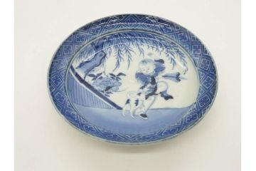 希少　江戸期　古伊万里　染付　唐子に犬図　約17cm　5.6寸　珍しい絵付けが印象的な中皿3枚セット(和皿、和食器、五寸六分)(R-073755)