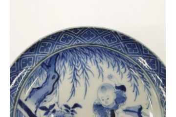 希少　江戸期　古伊万里　染付　唐子に犬図　約17cm　5.6寸　珍しい絵付けが印象的な中皿3枚セット(和皿、和食器、五寸六分)(R-073755)