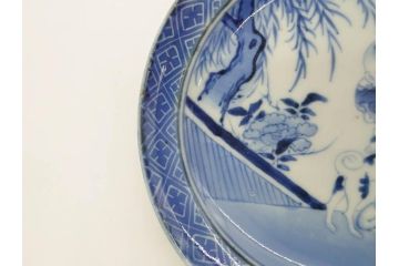 希少　江戸期　古伊万里　染付　唐子に犬図　約17cm　5.6寸　珍しい絵付けが印象的な中皿3枚セット(和皿、和食器、五寸六分)(R-073755)