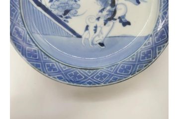 希少　江戸期　古伊万里　染付　唐子に犬図　約17cm　5.6寸　珍しい絵付けが印象的な中皿3枚セット(和皿、和食器、五寸六分)(R-073755)