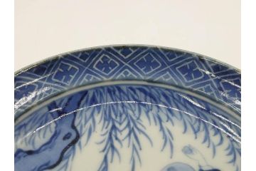 希少　江戸期　古伊万里　染付　唐子に犬図　約17cm　5.6寸　珍しい絵付けが印象的な中皿3枚セット(和皿、和食器、五寸六分)(R-073755)