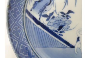 希少　江戸期　古伊万里　染付　唐子に犬図　約17cm　5.6寸　珍しい絵付けが印象的な中皿3枚セット(和皿、和食器、五寸六分)(R-073755)