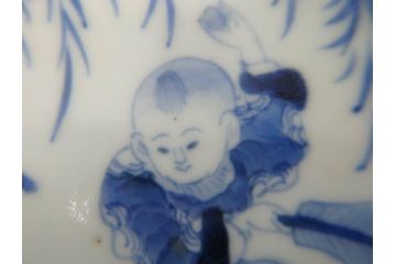 希少　江戸期　古伊万里　染付　唐子に犬図　約17cm　5.6寸　珍しい絵付けが印象的な中皿3枚セット(和皿、和食器、五寸六分)(R-073755)