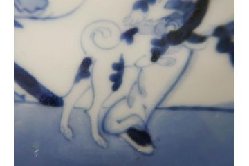 希少　江戸期　古伊万里　染付　唐子に犬図　約17cm　5.6寸　珍しい絵付けが印象的な中皿3枚セット(和皿、和食器、五寸六分)(R-073755)