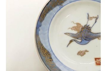 江戸期　古伊万里　染付　金彩　約13cm　4.1寸　優雅に舞う鶴のデザインが上品な雰囲気を醸し出す小皿3枚セット(つる、ツル、和皿、和食器、四寸一分)(R-073756)