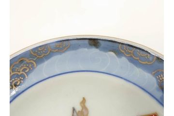 江戸期　古伊万里　染付　金彩　約13cm　4.1寸　優雅に舞う鶴のデザインが上品な雰囲気を醸し出す小皿3枚セット(つる、ツル、和皿、和食器、四寸一分)(R-073756)