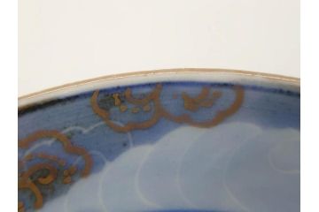 江戸期　古伊万里　染付　金彩　約13cm　4.1寸　優雅に舞う鶴のデザインが上品な雰囲気を醸し出す小皿3枚セット(つる、ツル、和皿、和食器、四寸一分)(R-073756)