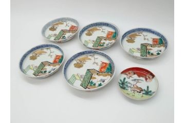 幕末　伊万里　色絵　多様な絵付けが目を惹く小皿&銘々皿5枚セット(鶴、つる、ツル、松、竹、梅、和皿、和食器)(R-073758)