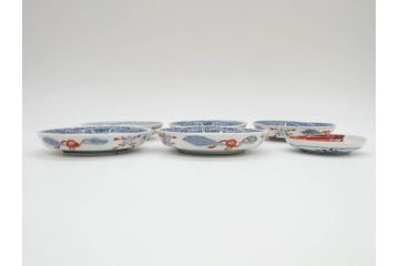 幕末　伊万里　色絵　多様な絵付けが目を惹く小皿&銘々皿5枚セット(鶴、つる、ツル、松、竹、梅、和皿、和食器)(R-073758)