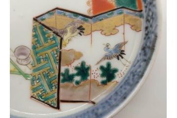 幕末　伊万里　色絵　多様な絵付けが目を惹く小皿&銘々皿5枚セット(鶴、つる、ツル、松、竹、梅、和皿、和食器)(R-073758)