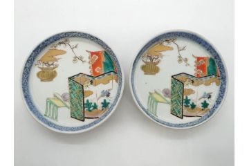 幕末　伊万里　色絵　多様な絵付けが目を惹く小皿&銘々皿5枚セット(鶴、つる、ツル、松、竹、梅、和皿、和食器)(R-073758)