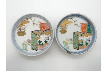 幕末　伊万里　色絵　多様な絵付けが目を惹く小皿&銘々皿5枚セット(鶴、つる、ツル、松、竹、梅、和皿、和食器)(R-073758)