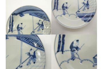 江戸期　古伊万里　染付　唐子　暦文　丸紋　雲龍文　多種多様なデザインが味わい深い魅力を放つ中皿5枚セット(古玩?、中国?、和皿、和食器)(R-073760)
