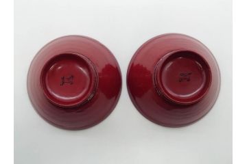 五客セットはレア!　角偉三郎　上品に輝く艶が魅力的な朱盃5客セット(漆器、杯、酒器、共箱付き、和食器)(R-073761)