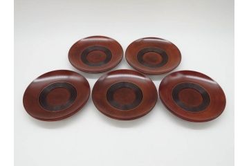 重要無形文化財　人間国宝　川北良造　楓造　金線象嵌　落ち着いた色合いが上品な雰囲気を高める茶托5枚セット(木製皿、茶道具、共箱付き)(R-073812)