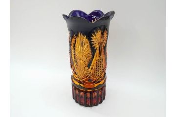 黒木国昭　綾切子　繊細なカットが美しく華やかな色彩が存在感を放つ花器(花瓶、花入、フラワーベース、ガラス、硝子)(R-073813)