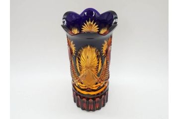 黒木国昭　綾切子　繊細なカットが美しく華やかな色彩が存在感を放つ花器(花瓶、花入、フラワーベース、ガラス、硝子)(R-073813)