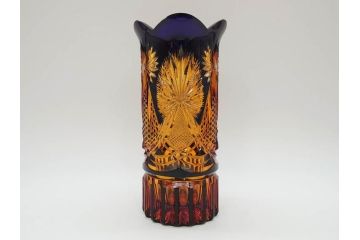 黒木国昭　綾切子　繊細なカットが美しく華やかな色彩が存在感を放つ花器(花瓶、花入、フラワーベース、ガラス、硝子)(R-073813)