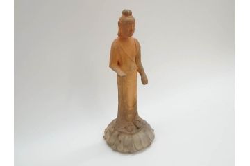 土楽七世　福森雅武造　究竟涅槃　野焼き　陶仏　素朴で温かみのある観音菩薩立像(土楽窯 七代目陶工、観音像、仏像、置物、オブジェ、共箱付き)(R-073814)