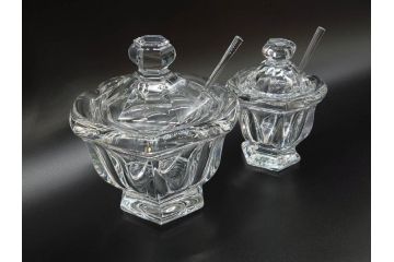 フランス　Baccarat　バカラ　ミズーリ　美しいフォルムがお洒落な雰囲気を醸し出すジャムポット2個セット(シュガー、マスタード、フルレッドクリスタルガラス、スプーン)(R-073817)