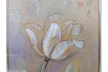 堂本印象　チューリップ咲く　吉田清泉堂　シール付　可憐なチューリップが目を惹く日本画(絵画、額装、箱付き)(R-073832)