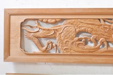 ビンテージ建具　杉(スギ)材　躍動感ある龍(竜)が見事な両面彫刻欄間2枚セット(明かり取り、明り取り、ヴィンテージ)(R-073857)