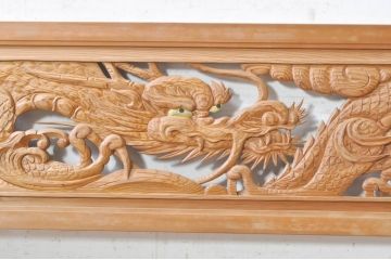 ビンテージ建具　杉(スギ)材　躍動感ある龍(竜)が見事な両面彫刻欄間2枚セット(明かり取り、明り取り、ヴィンテージ)(R-073857)
