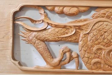 ビンテージ建具　杉(スギ)材　躍動感ある龍(竜)が見事な両面彫刻欄間2枚セット(明かり取り、明り取り、ヴィンテージ)(R-073857)