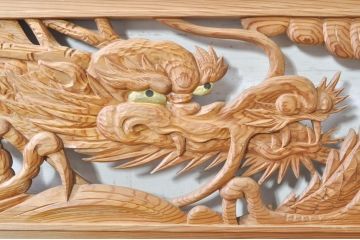 ビンテージ建具　杉(スギ)材　躍動感ある龍(竜)が見事な両面彫刻欄間2枚セット(明かり取り、明り取り、ヴィンテージ)(R-073857)